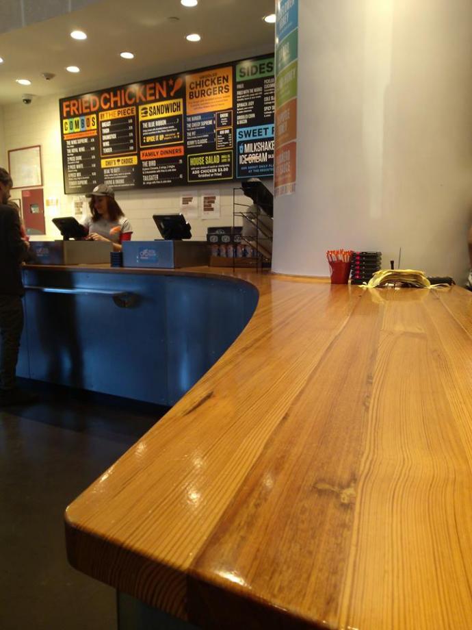 Jered stopped in at Blue Ribbon Fried Chicken, off of East Houston, and spotted a nice vertical grain reclaimed Heart Pine counter crafted by our sister company NEWwoodworks. (He also said the chicken is absolutely amazing!)