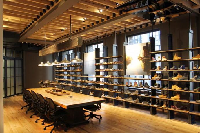 Timberland’s corporate showroom in NYC incorporated American Gothic reclaimed oak flooring and paneling, as well as reclaimed white pine ceiling joists salvaged from a sawmill in New Hampshire.