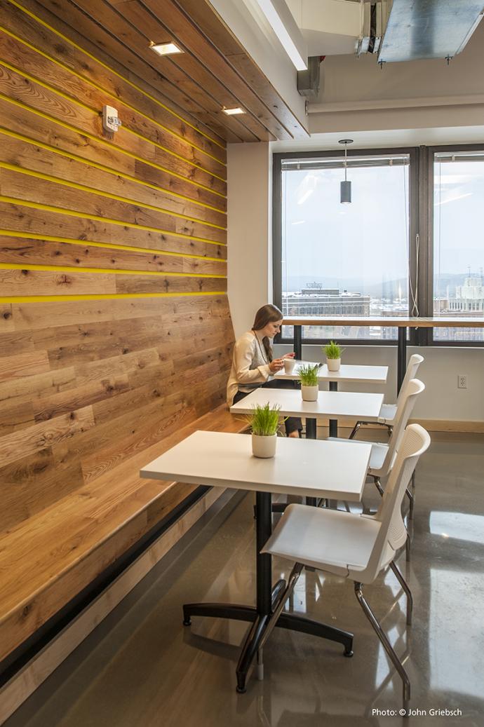 Pioneer Millworks Black & Tan Mixed Oak in Ashley McGraw’s cafe. Photo by John Griebsch