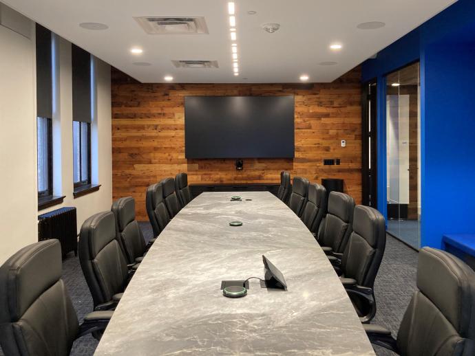 Empyrean office in Minneapolis, MN featuring Pioneer Millworks Saw-kissed Douglas fir wall paneling. Photo by RJ Kosadnar. 