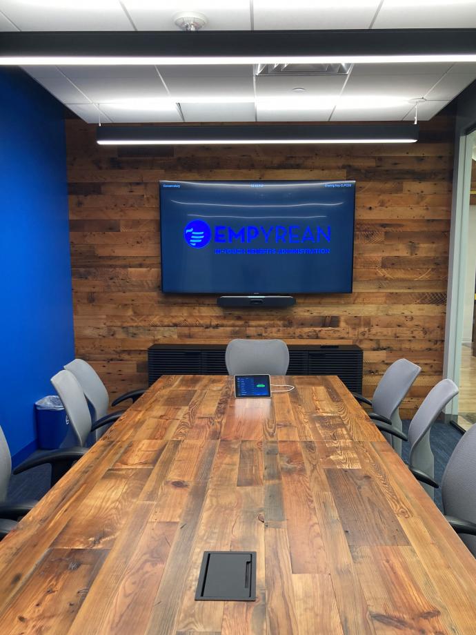 Empyrean office in Minneapolis, MN featuring Pioneer Millworks Saw-kissed Douglas fir wall paneling. Photo by RJ Kosadnar. 