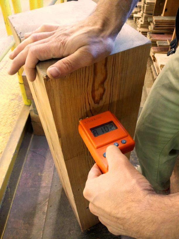 Our production team uses moisture meters to determine the moisture content of our reclaimed materials. There are different requirements for boards and timbers due to the material thickness.
