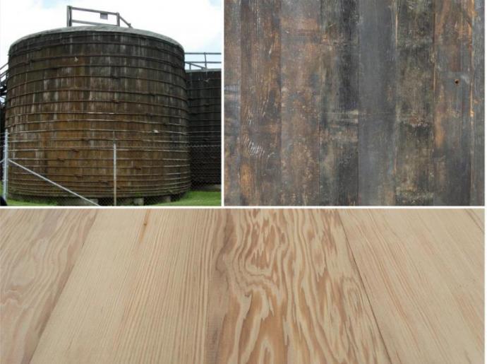 Douglas fir Vinegar vats (upper left) in Upstate NY include deep patina and some banding marks on the exterior (upper right) and reveal tight and swirling grain with some staining on the interior center cut (bottom horizontal). Batch #15091.