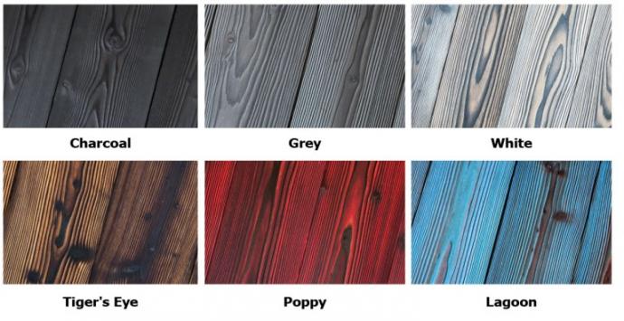 We toast and brush the Larch to better expose the grain, and then burnish it with color. Hues can be custom mixed and matched but we those here are our tried and true favorites.