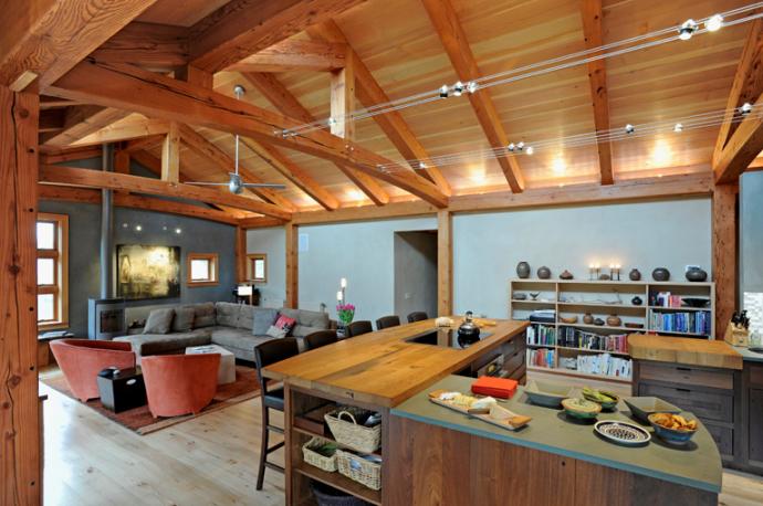 Reclaimed Douglas fir timbers from the Mersman Table Factory found new life in a Portland, OR home. Photo by Loren Nelson.