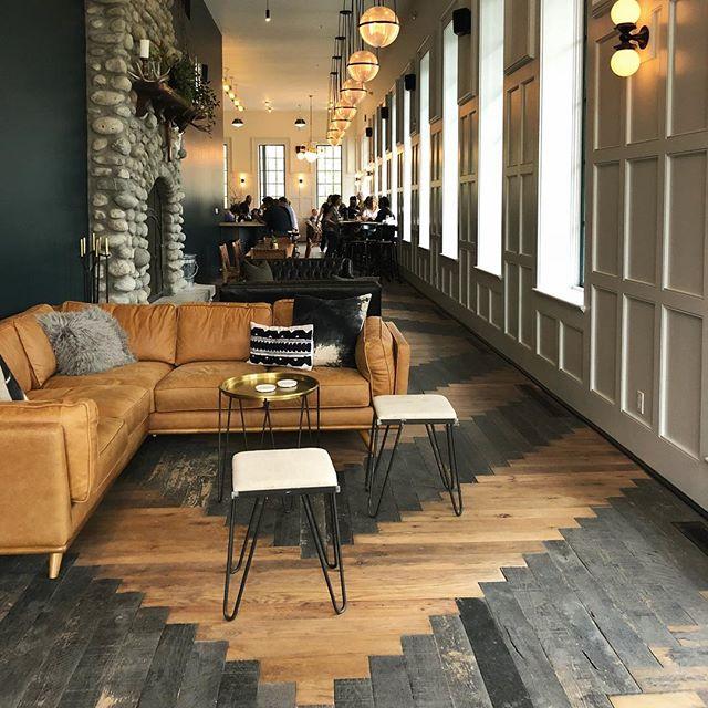 Patterns continue to rule in current projects. At Surf Hotel in Buena Vista, Colorado added a visual punch by creating an oversized chevron pattern using contrasting Black & Tan—Tan and Black & Tan—Black grades.