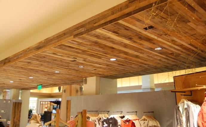 Full of curated, boho inspired eclectic comfort and creativity, the ceiling of a NY location of this national retail store made the most of the patina surface and tones of narrow pickle vat staves.