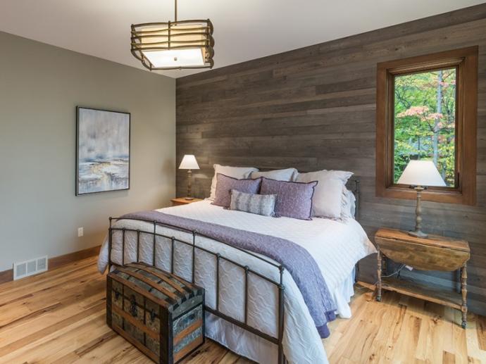 This New Energy Works lake home paired Reclaimed Ash paneling in Grey finish with lavender-toned accent pieces and Reclaimed Hickory flooring in the master suite. (I’m totally enamored!)