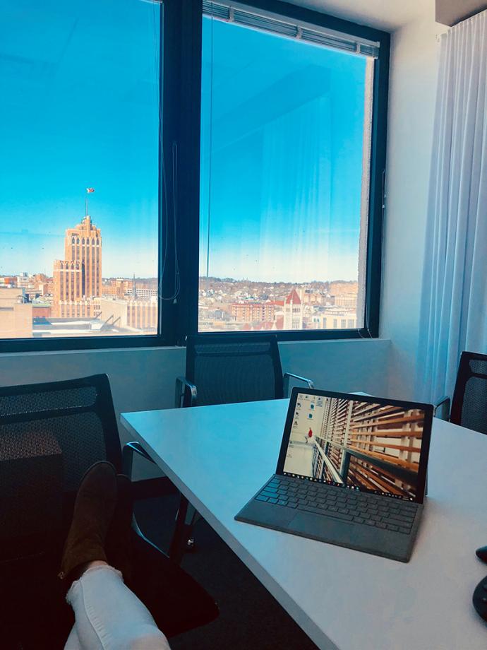 Where she designs: Susanne’s space has an inspiring view of the Syracuse skyline.