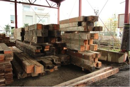 Douglas fir timbers reclaimed from Centennial Mills.