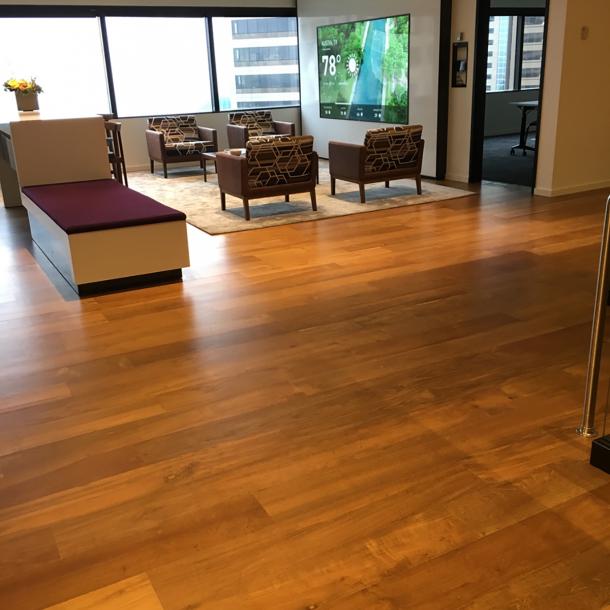Reclaimed Teak wood flooring in an office lobby in Seattle, WA