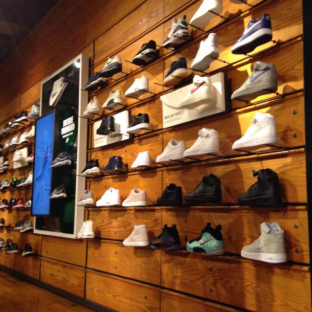 Reclaimed Bleacher Boards used as a retail display in this sporting goods store in Chicago. 