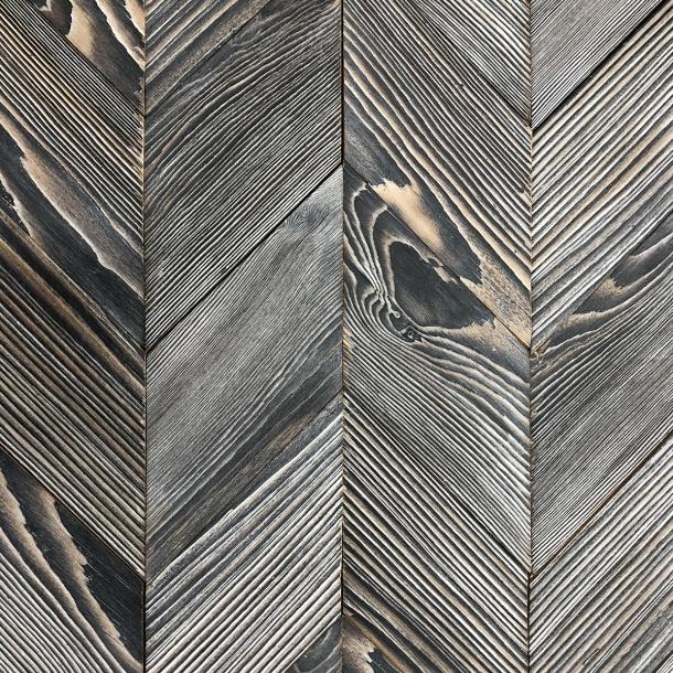 Pioneer Millworks will share LEED eligible, made in the USA products such as their Shou Sugi Ban Color Char, shown here in a Chevron pattern.