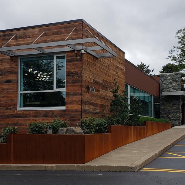 Shou Sugi Ban Shallow Char clads the outside of this office building in Pittsford, NY.