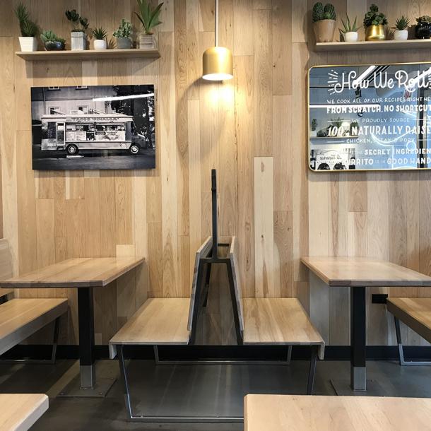 Pioneer Millworks Modern Farmhouse Hickory with a custom finish on walls in Dos Toros, Chicago—Hancock Building