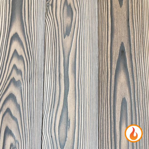 Shou Sugi Ban Larch White by Pioneer Millworks. Charred wood siding and paneling that is burned, brushed twice, and coated with an exterior oil 