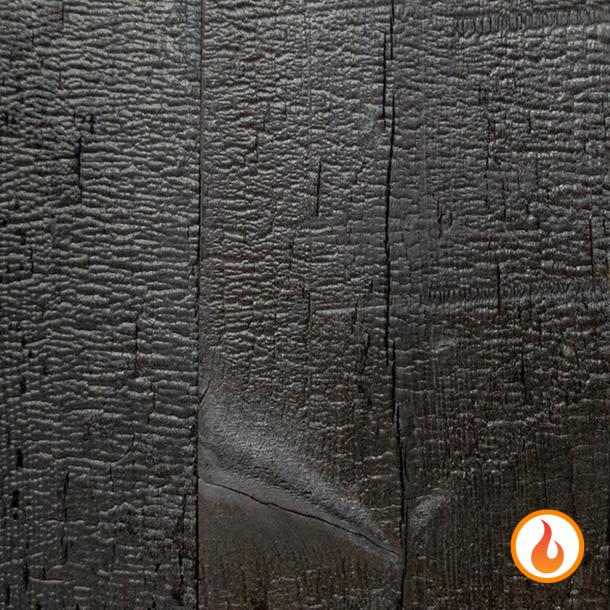 Shou Sugi Ban Larch Deep Char by Pioneer Millworks. Black wood siding and paneling that is burned, and coated with a non-toxic, water-based polyurethane