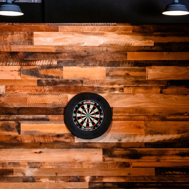Pioneer Millworks Settlers' Plank Mixed Oak Paneling in The Pindsutry, Greenwood Village, CO. Photo Credit: Lucy Beaugard and The Pindustry