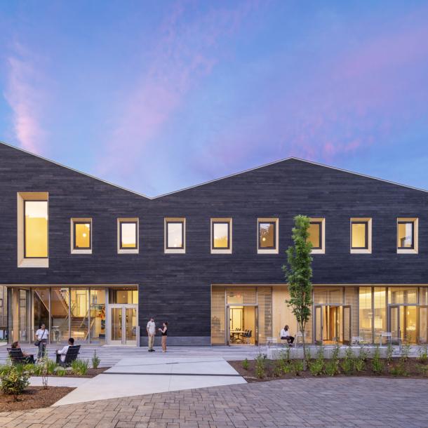 Pioneer Millworks Accoya Sand Siding and American Gothic Reclaimed White Oak Flooring in the Davis Center at Williams College. Photo by Albert Vecerka/Esto
