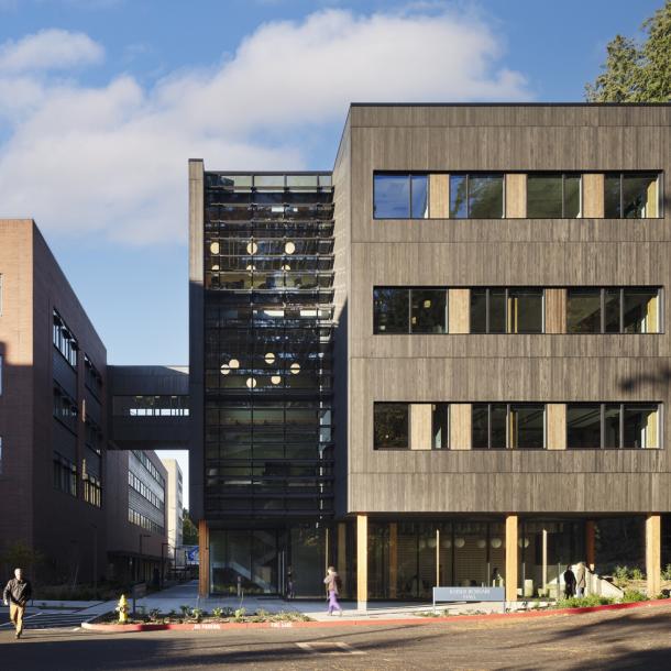 Pioneer Millworks Accoya Carbon Shou Sugi Ban wood siding on Kaiser Borsari Hall at Western Washington University in Bellingham, WA. Photos by: Kevin Scott