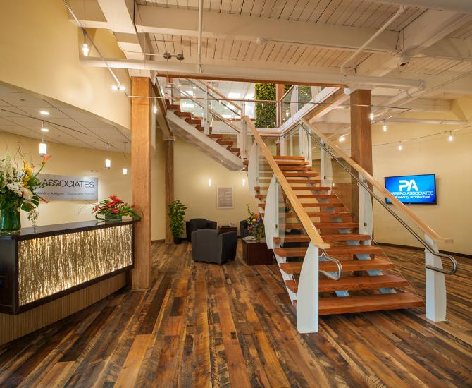 Pioneer Millworks reclaimed wood--Mixed Hardwoods--Setters' Plank--Reclaimed Flooring in a private office