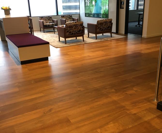 Reclaimed Teak wood flooring in an office lobby in Seattle, WA
