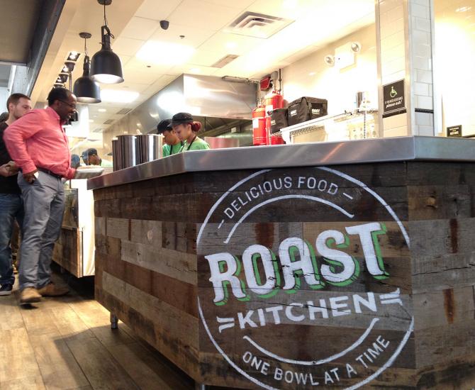 Mixed Oak Railyard Patina counter wrap at Roast Kitchen in New York City.