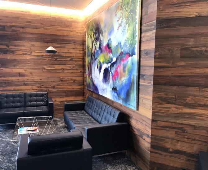 Reclaimed Indonesian Teak Bright wall paneling in an office in Federal Way, WA
