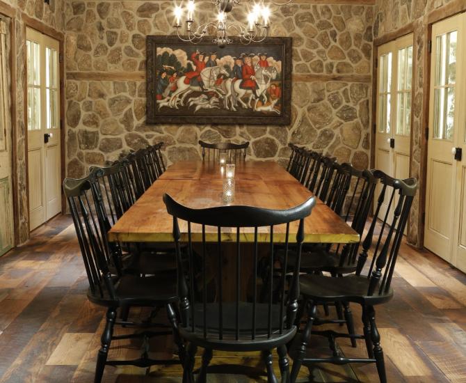 Reclaimed Settlers Plank Oak flows throughout dining areas in The Barrow House while Reclaimed naturally textured Mushroom Boards clad the ceiling bringing added dimension to various rooms.