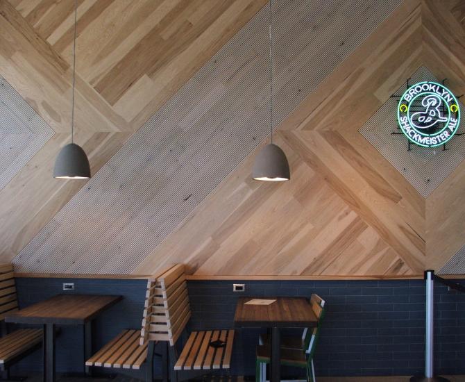 Pioneer Millworks Modern Farmhouse–Clean Hickory and Raked Black & Tan–Tan Wall Paneling.