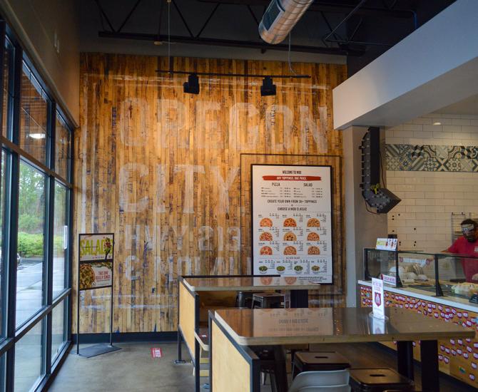 Pioneer Millworks reclaimed Foundry Maple Painted & Sanded in blue featured on this accent wall for MOD Pizza in Oregon City, OR.