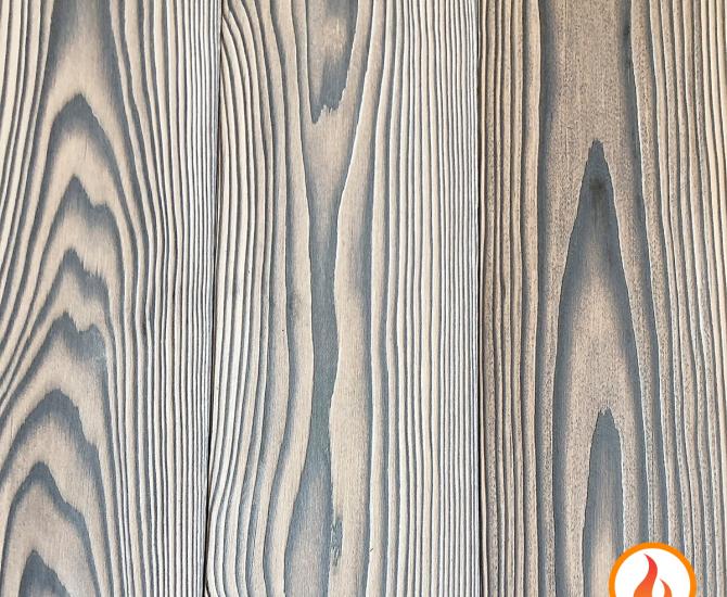 Shou Sugi Ban Larch White by Pioneer Millworks. Charred wood siding and paneling that is burned, brushed twice, and coated with an exterior oil 