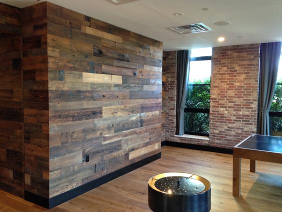 Pioneer Millworks reclaimed wood--Brown Board--American Prairie--Paneling in an office