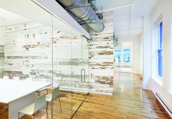 Pioneer Millworks reclaimed wood--American Prairie--Original Painted--White--Reclaimed barn siding in a private office