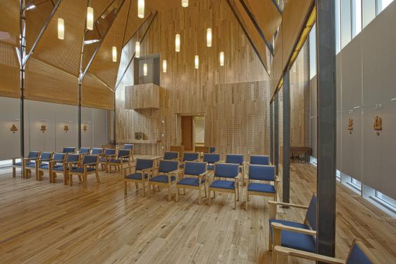 Pioneer Millworks reclaimed wood--Ash--American Gothic--Reclaimed wood paneling and flooring in a church