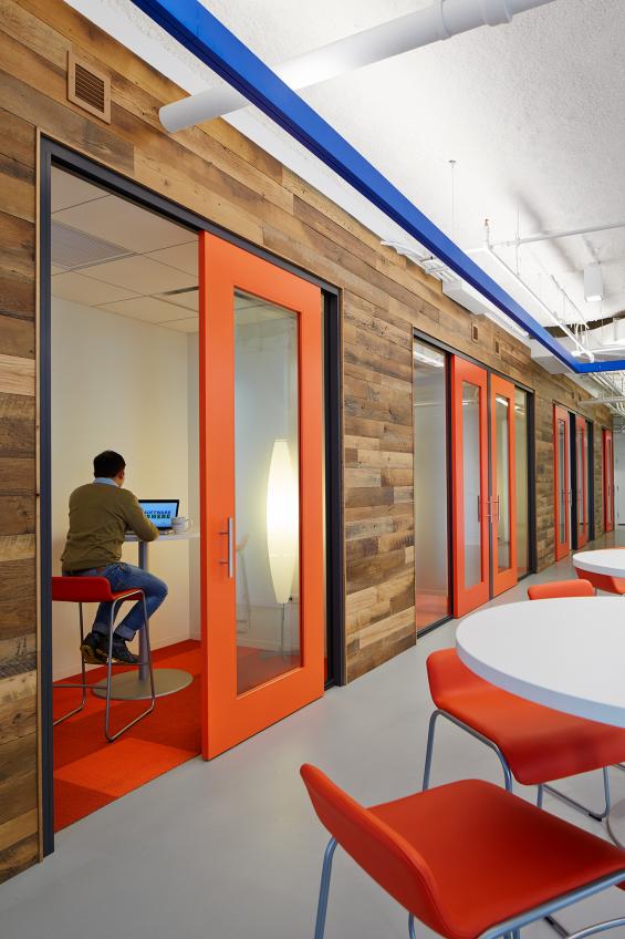 Pioneer Millworks reclaimed wood--Mixed Oak--Settlers' Plank--Reclaimed wood paneling in an office