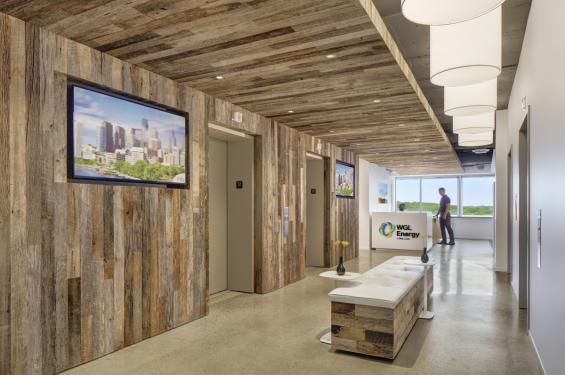 American Prairie Weathered Grey wall and ceiling paneling in an office entryway in Washington, DC.