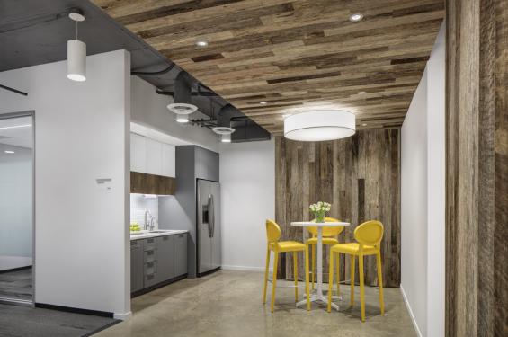 American Prairie Weathered Grey wall and ceiling paneling in an office break room in Washington, DC.