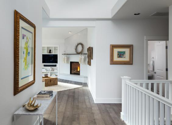 American Gothic Ash reclaimed wood flooring with a custom grey finish flows throughout this Oregon home. Photo by Caleb Vandermeer Photography.