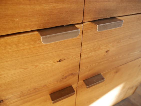 Close up of server station drawers crafted from American Gothic Ash reclaimed wood