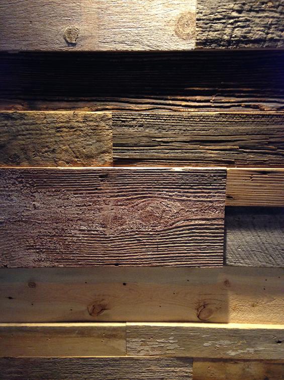 Close up of the various grades of reclaimed wood paneling in multiple thicknesses that were used to achieve this look at the Brew Brothers restaurant in Columbus, OH