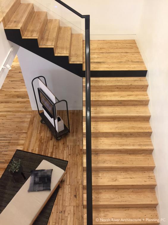 Foundry Maple reclaimed wood used for stairs in this office space.  Photo by North River Architecture + Planning, PC.  