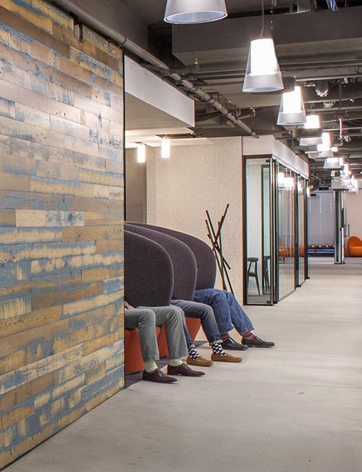 This custom office was was created with Mixed Softwoods Grandma's Attic reclaimed wall paneling with a custom blue finish