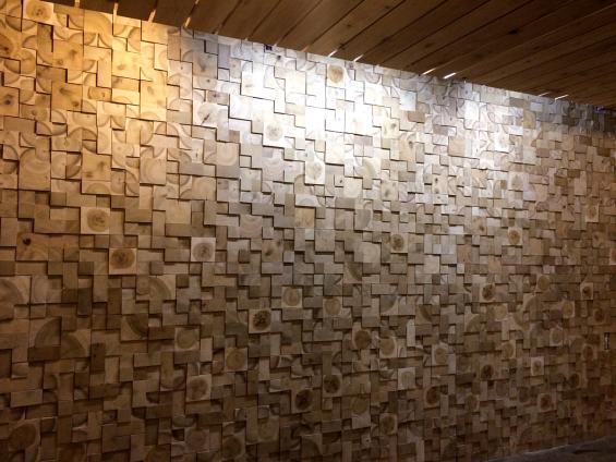 End blocks of Poplar & Basswood create a marvelous texture used in this curved dimensional wall at Village Gate, Rochester, NY.