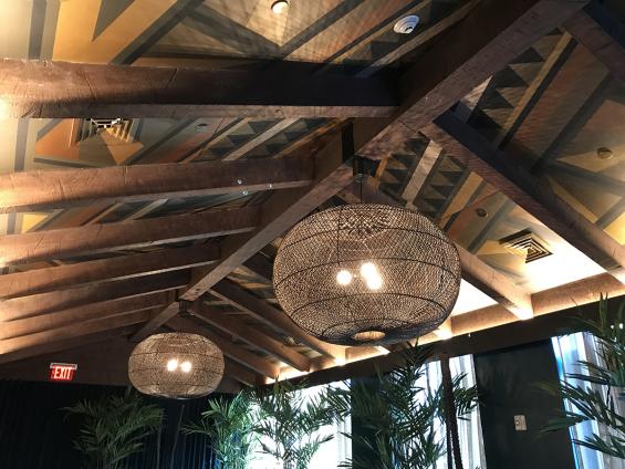 Fresh sawn Douglas fir ceiling timbers adorn the Pod Hotel's Polynesian restaurant.