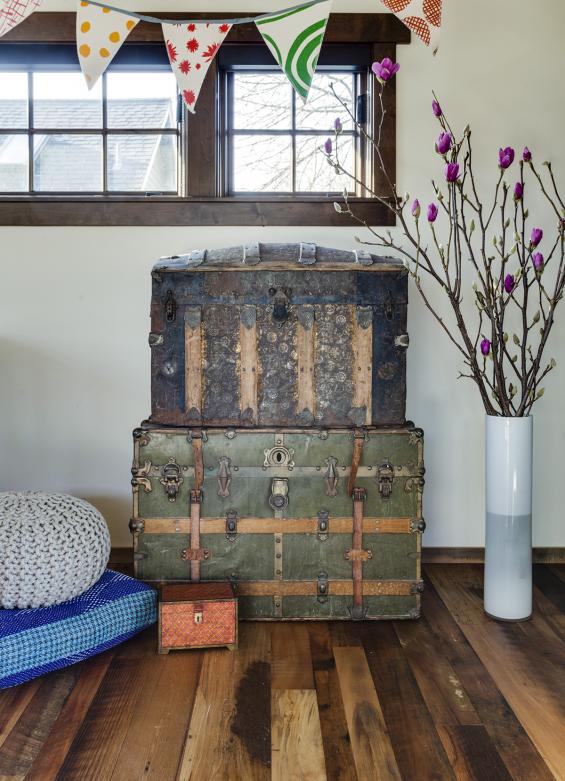 Settlers Plank mixed hardwoods reclaimed wood flooring flows throughout this rustic modern home in Portland, OR.