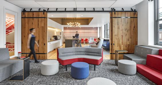 Pre-finished UV-cured Aluminum Oxide flooring and paneling is featured at the Red Hat office in Boston, MA.