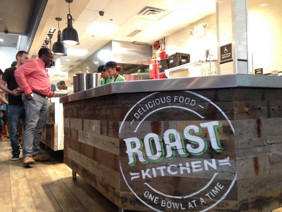 Mixed Oak Railyard Patina counter wrap at Roast Kitchen in New York City.