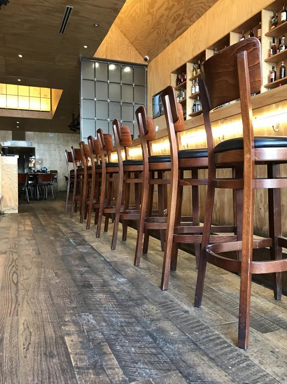 A closer look at our reclaimed Settlers' Plank Mixed hardwoods at Umami Burger in Chicago.