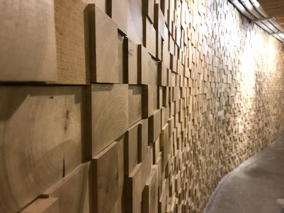 A close up of the dimensionality of the curved wall at Village Gate, Rochester, NY.
